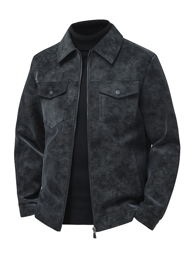 PACRATA Men's Vintage-Style Suede Workwear Jacket with Lapel Collar