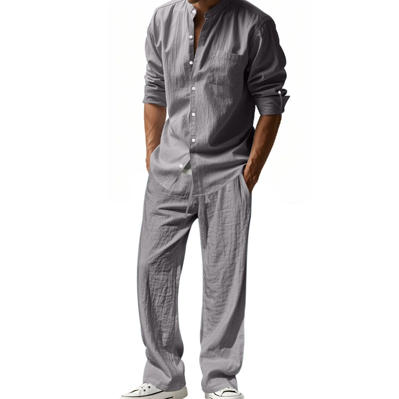 Men's Casual Loose Breathable Long-Sleeved Shirt and Pants Beach Set