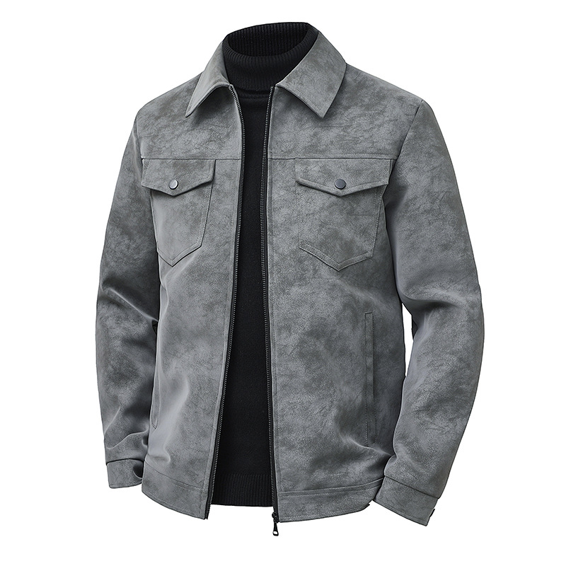 PACRATA Men's Vintage-Style Suede Workwear Jacket with Lapel Collar