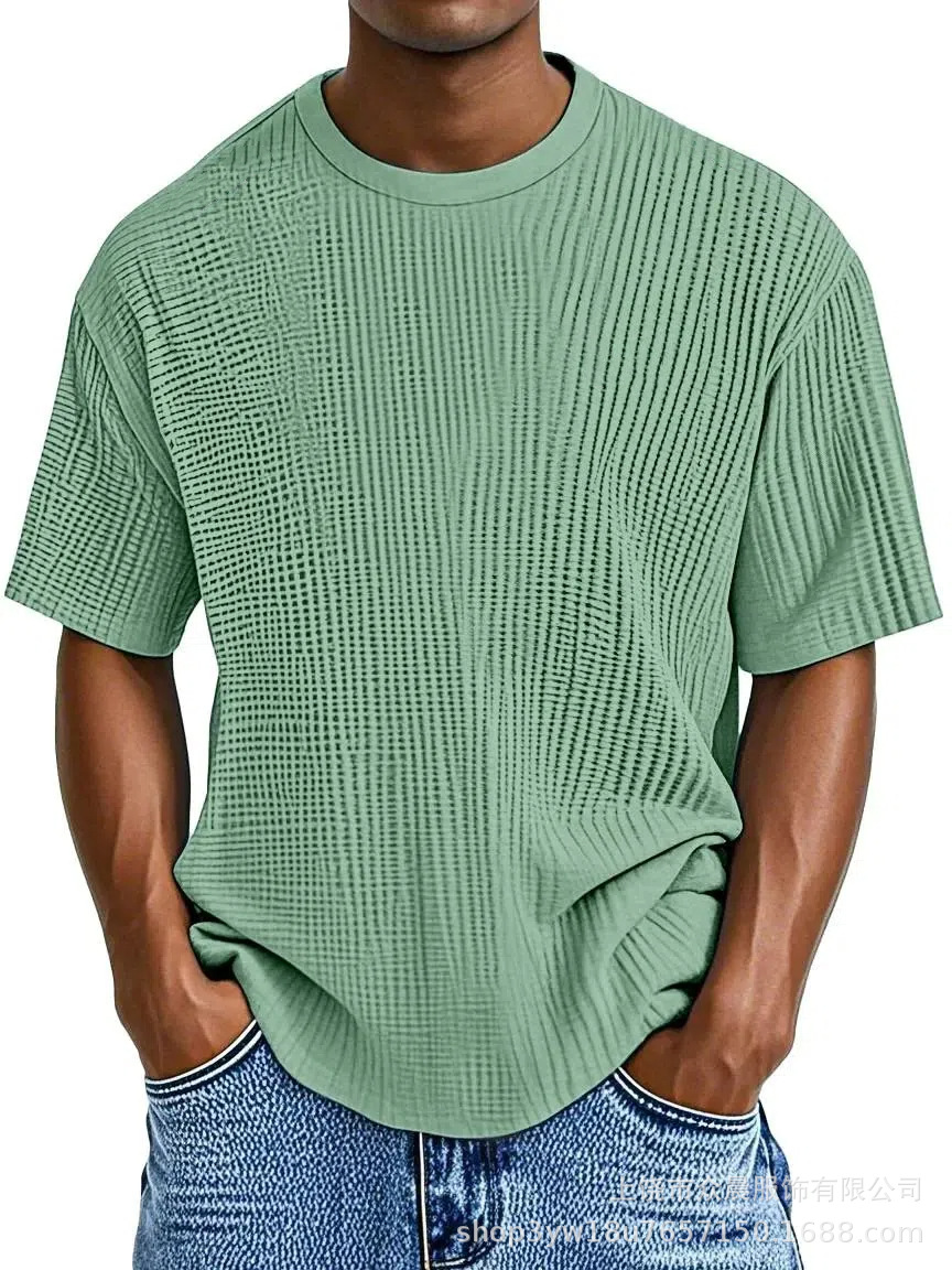Men's casual solid color comfortable waffle short-sleeved T-shirt