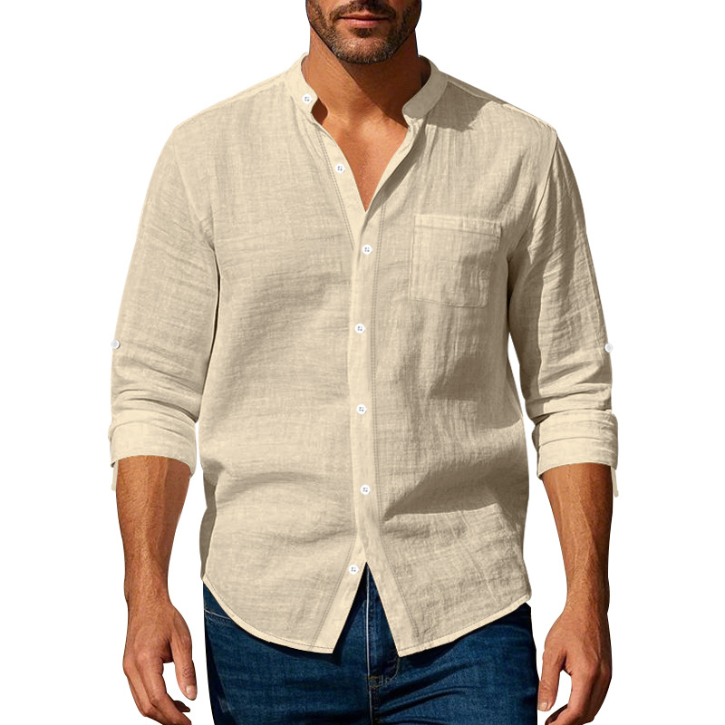 Men's long-sleeved stand-collar breathable casual linen shirt with pockets.