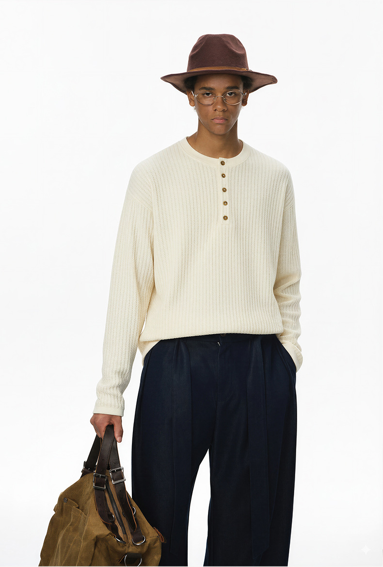 Men's Old Money Style Henry Collar Long-Sleeve Casual Solid Color Sweater