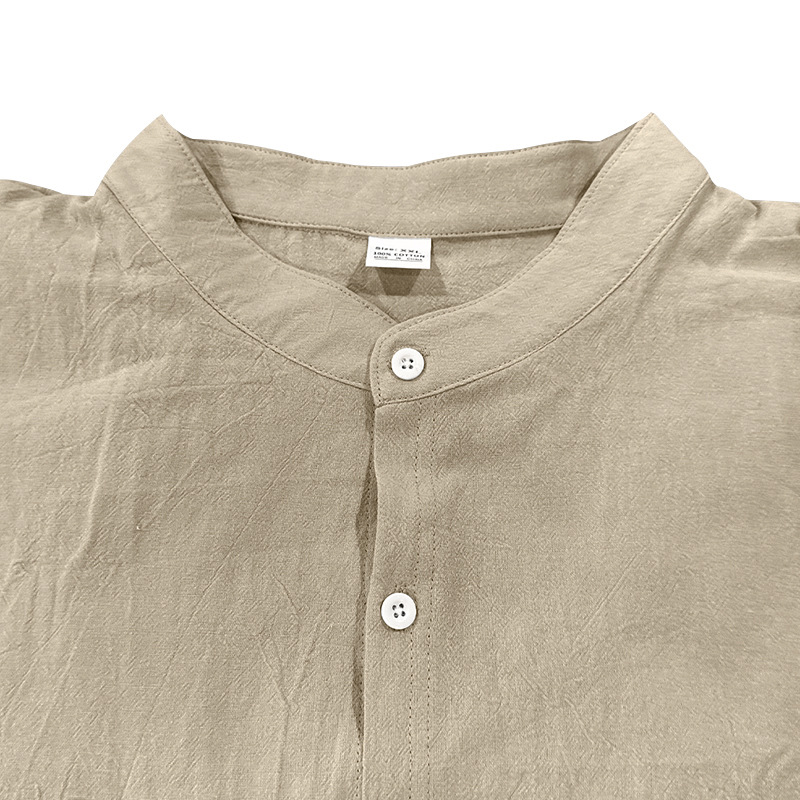 Men's long-sleeved stand-collar breathable casual linen shirt with pockets.