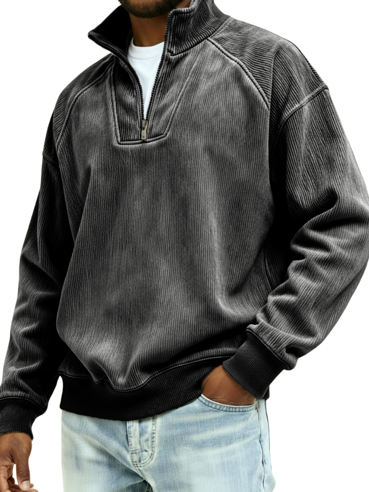 Men's Vintage Corduroy Quarter Zipper Raglan Sleeve Patchwork Pullover