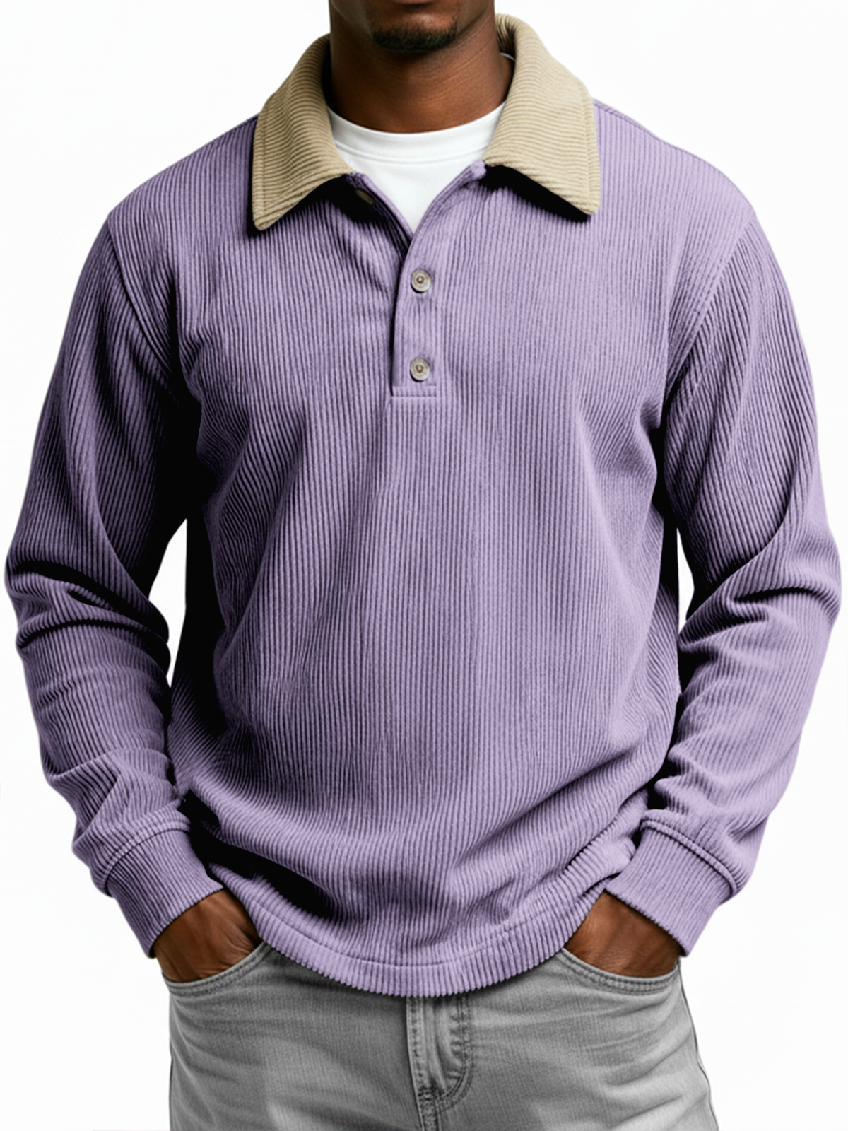 Men's Color-blocked Ribbed Collar Long-sleeved Button-down Polo Shirt