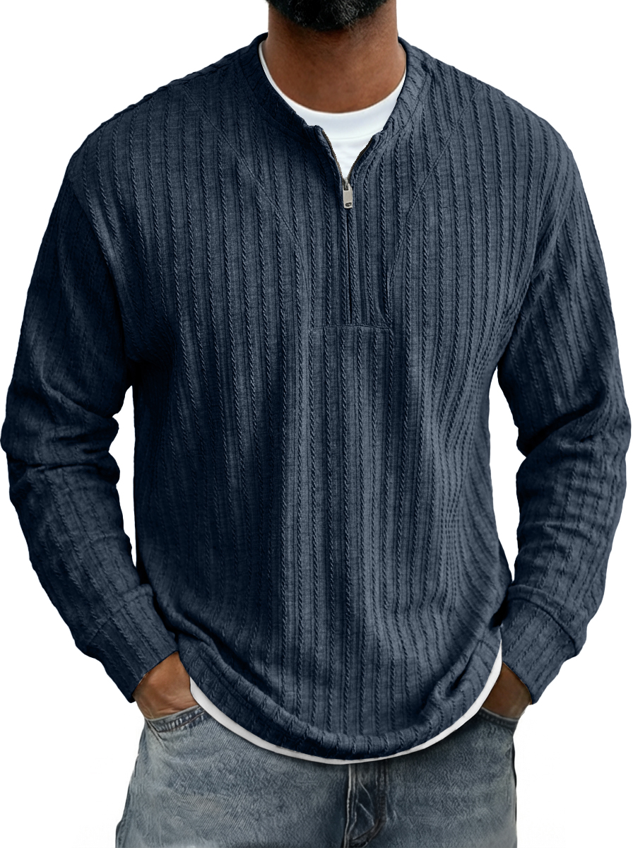 Men's Casual Striped Jacquard Zip-Up Crew Neck Long-Sleeve T-Shirt