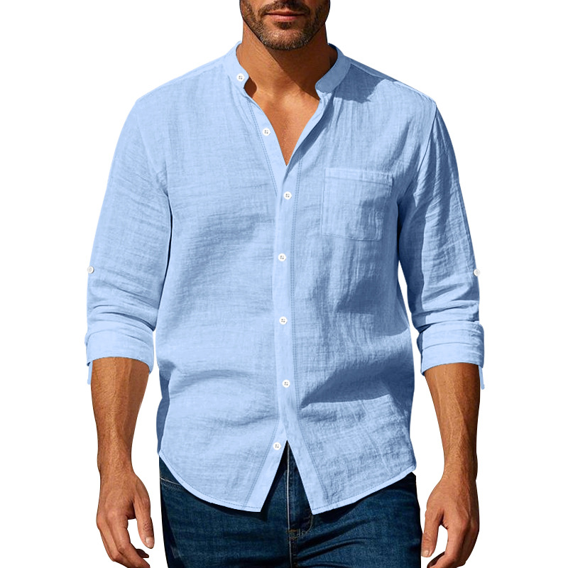 Men's long-sleeved stand-collar breathable casual linen shirt with pockets.
