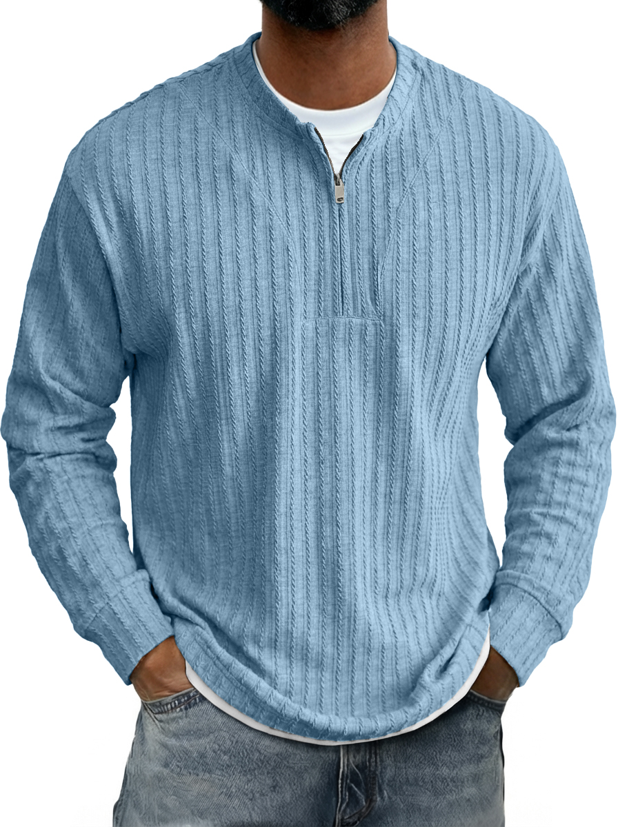 Men's Casual Striped Jacquard Zip-Up Crew Neck Long-Sleeve T-Shirt