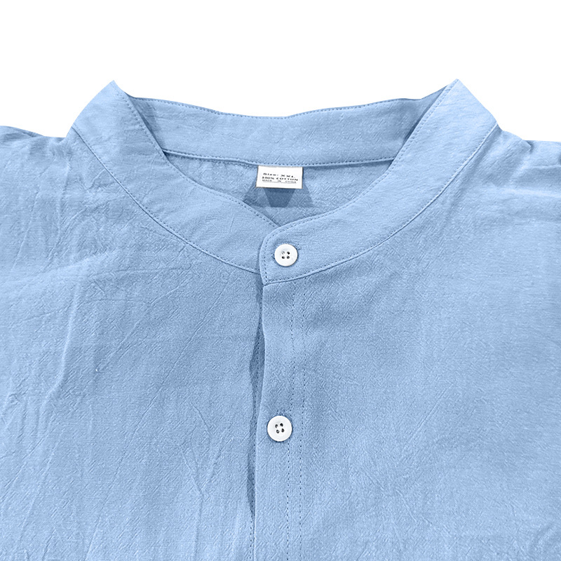 Men's long-sleeved stand-collar breathable casual linen shirt with pockets.
