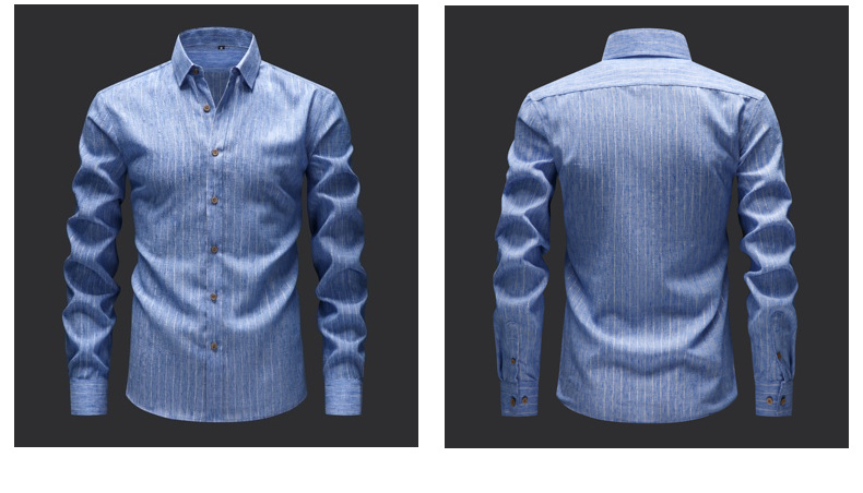 Men’s Linen Long-Sleeve Casual Shirt with Vintage Gold Pinstripes