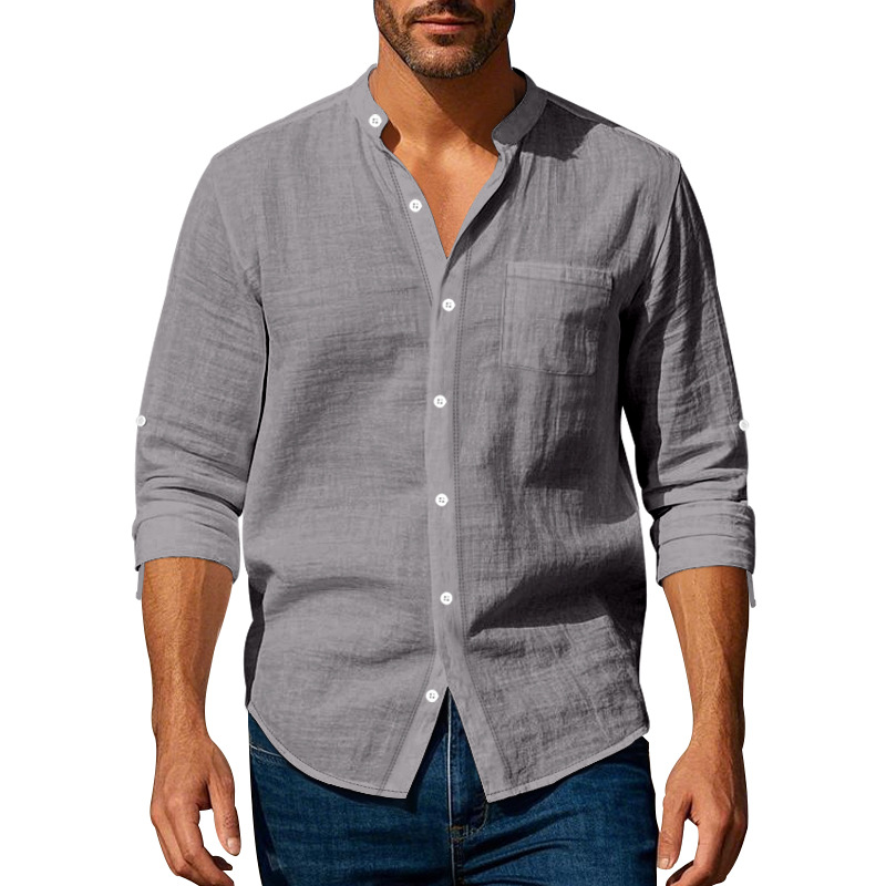Men's long-sleeved stand-collar breathable casual linen shirt with pockets.