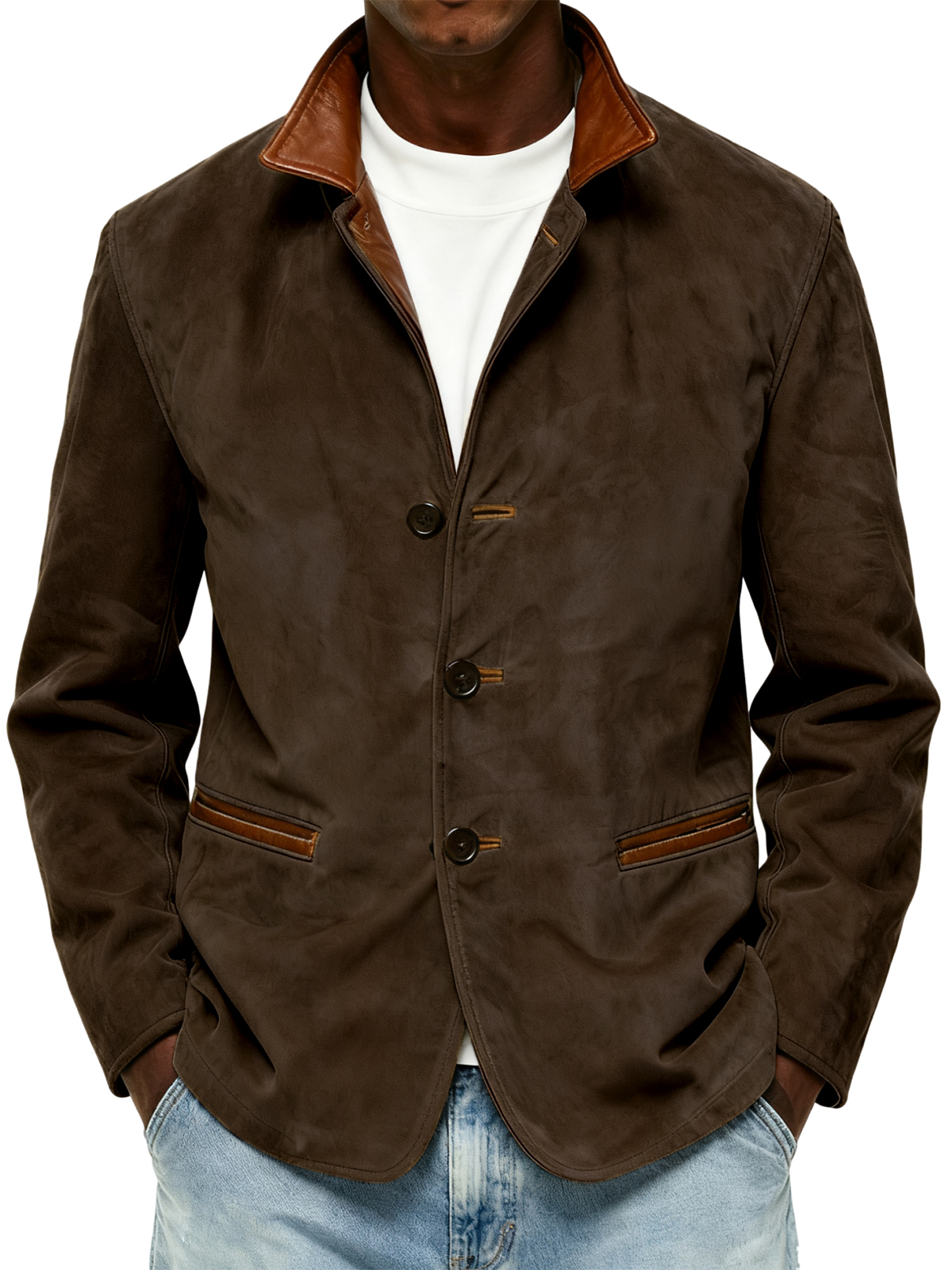 Men's Vintage Suede Jacket with Turn-Down Lapel Collar