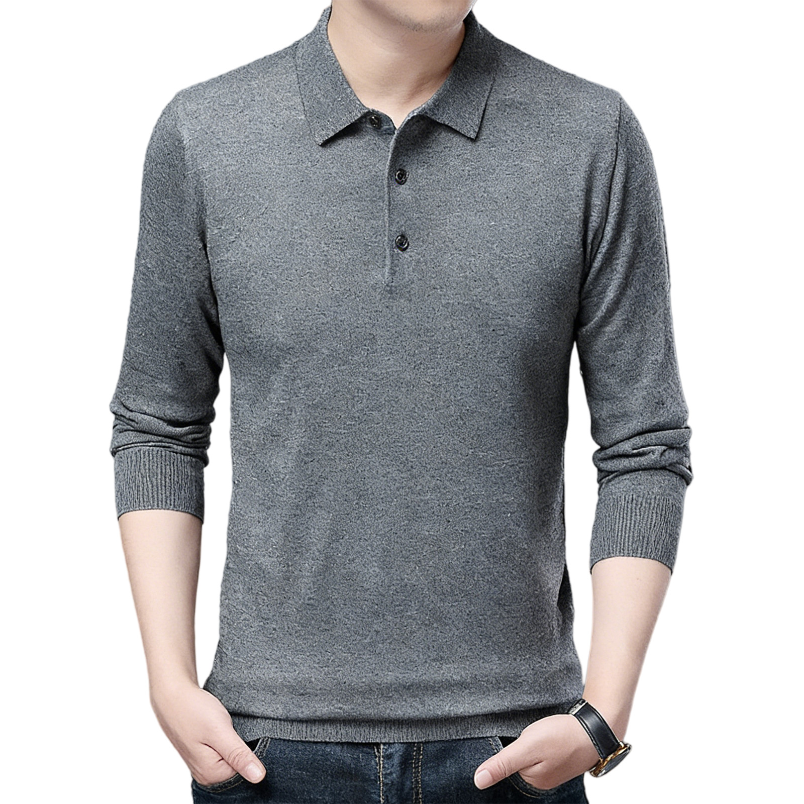 Men's wool knit polo shirt for spring and autumn (containing mulberry silk)