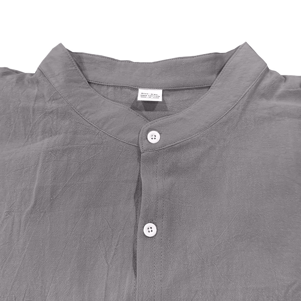 Men's long-sleeved stand-collar breathable casual linen shirt with pockets.