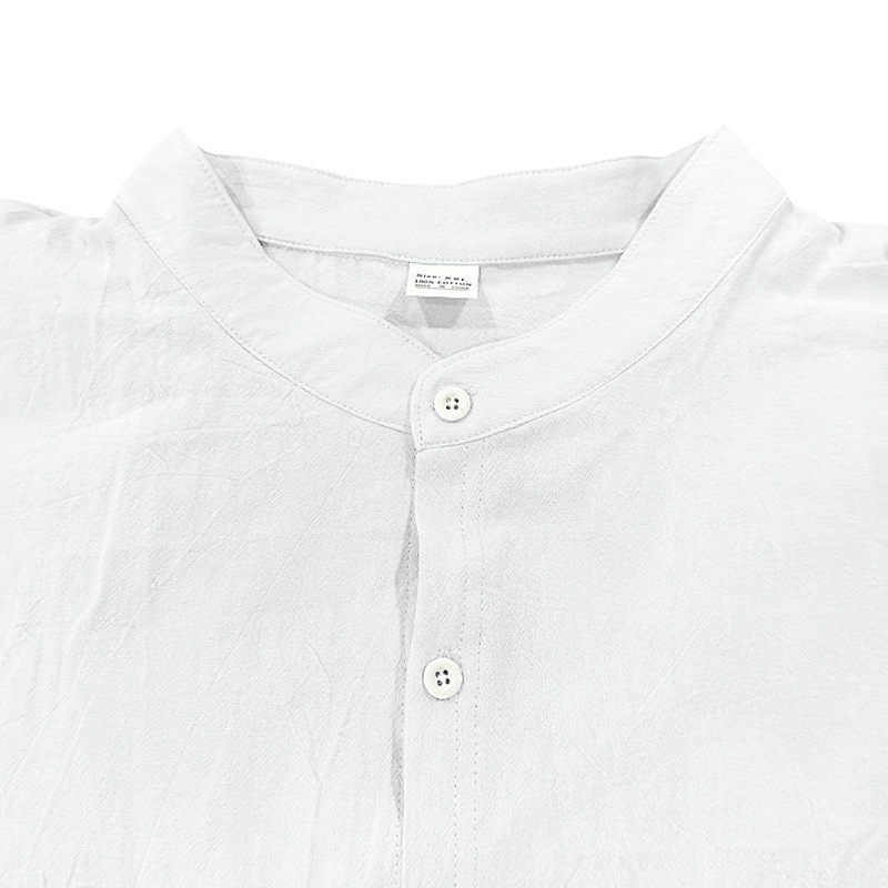 Men's long-sleeved stand-collar breathable casual linen shirt with pockets.
