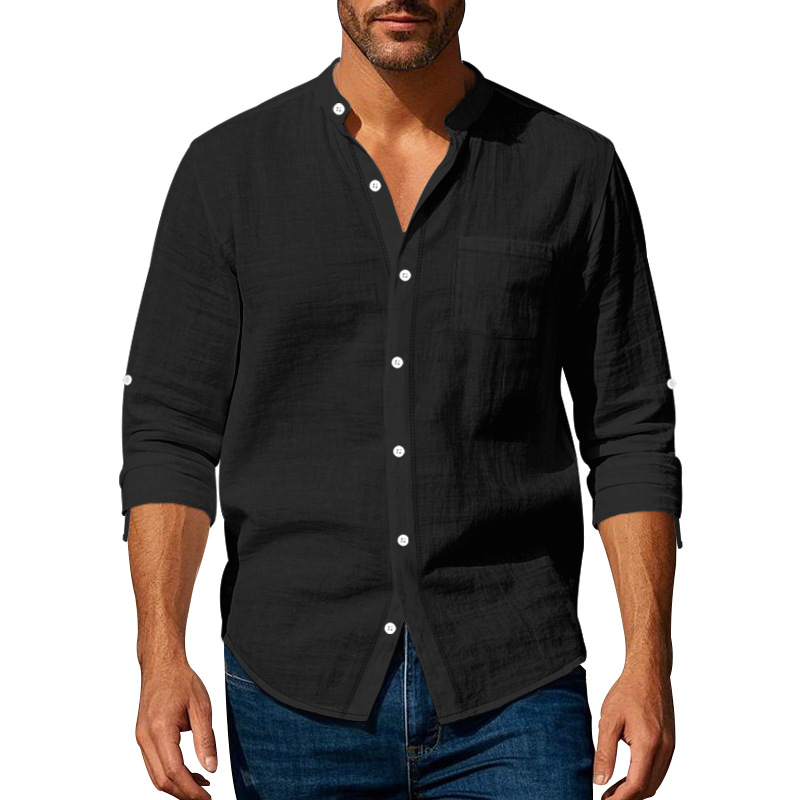 Men's long-sleeved stand-collar breathable casual linen shirt with pockets.