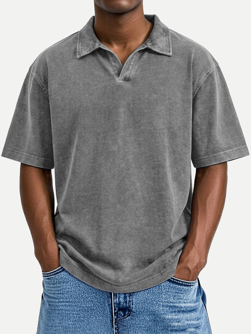 Men's Vintage Distressed Loose-Fit Casual Seagull Collar Short-Sleeve Polo Shirt