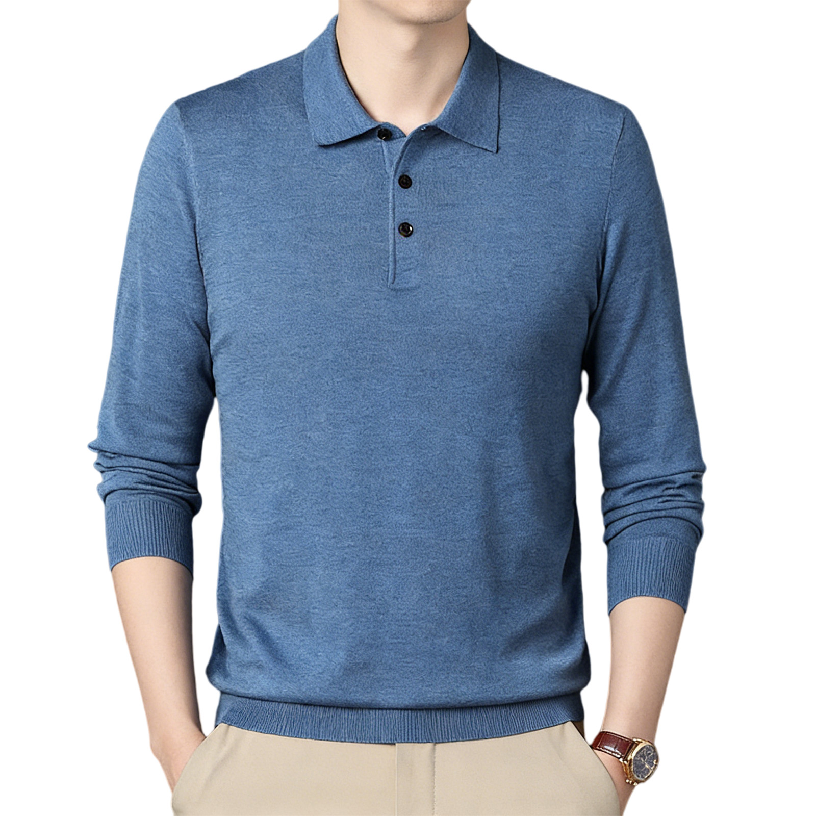 Men's wool knit polo shirt for spring and autumn (containing mulberry silk)