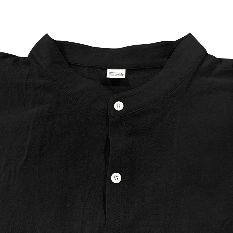Men's long-sleeved stand-collar breathable casual linen shirt with pockets.