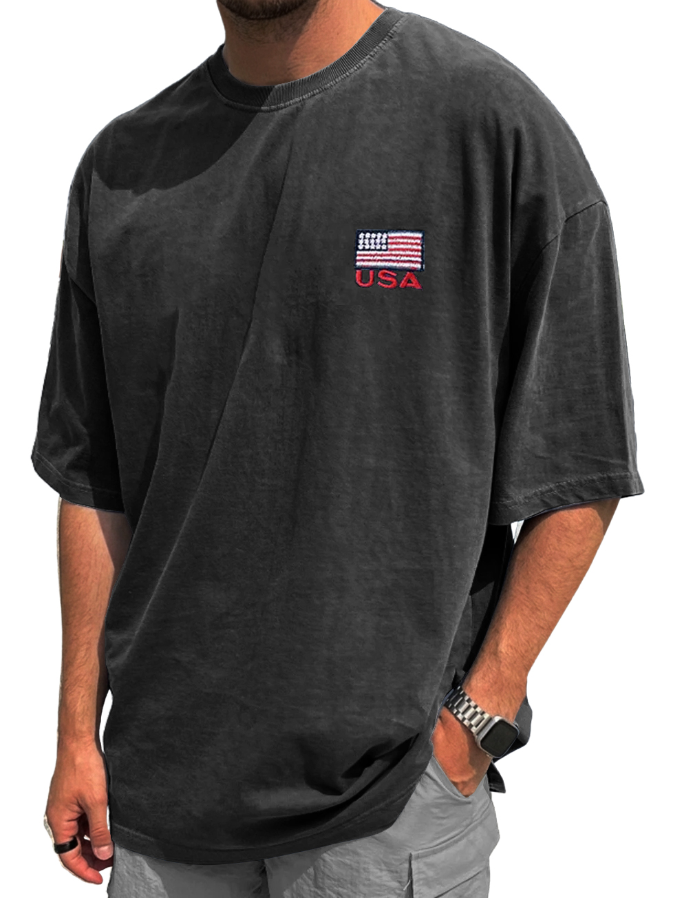 Men's Vintage Washed & Distressed Crew-Neck T-Shirt with "USA" Print