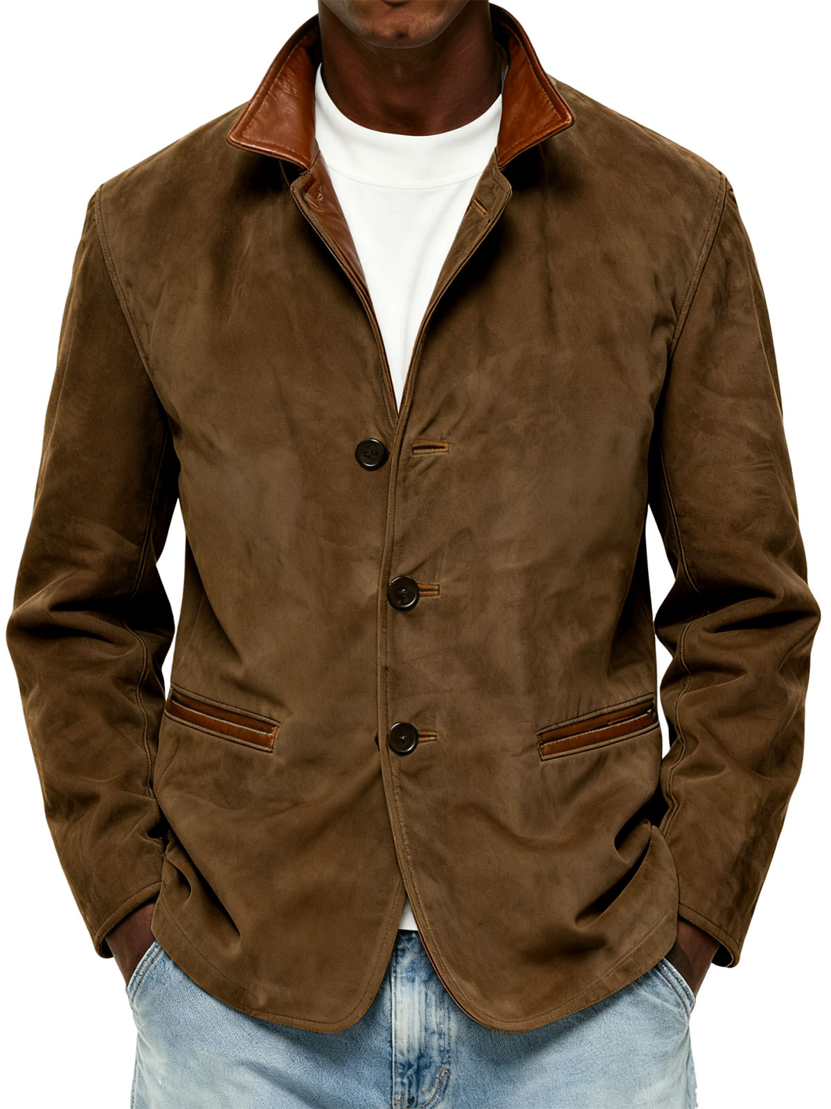 Men's Vintage Suede Jacket with Turn-Down Lapel Collar