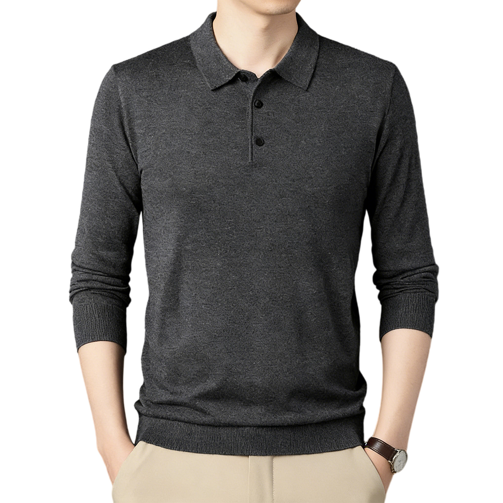 Men's wool knit polo shirt for spring and autumn (containing mulberry silk)