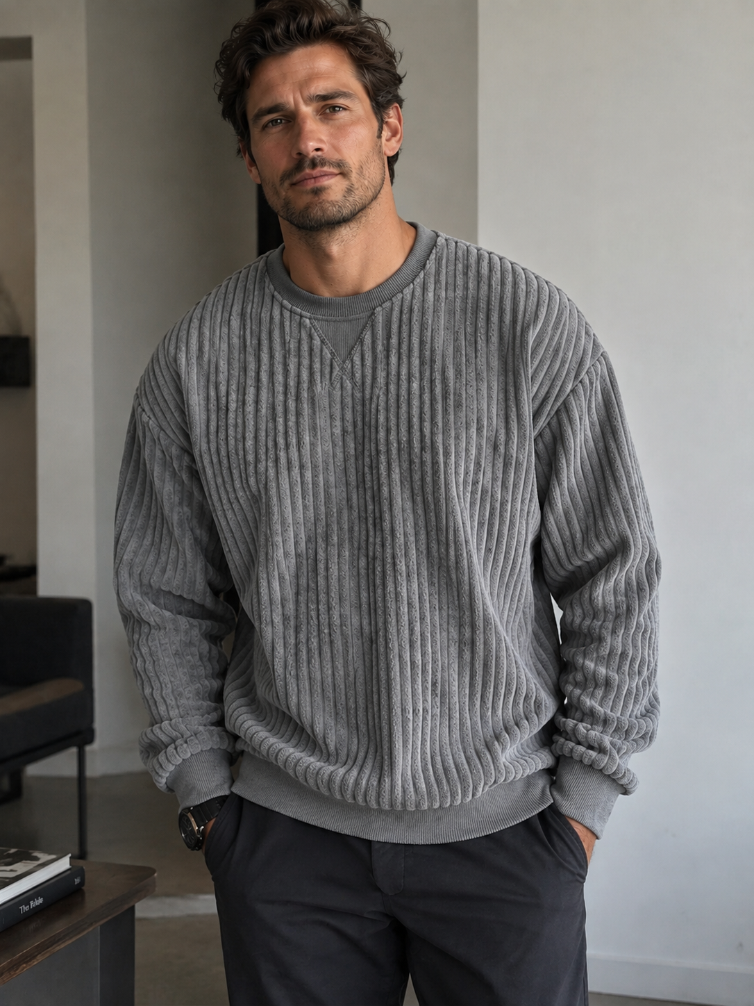 Men's Vintage Corduroy Crew Neck Long Sleeve Sweatshirt