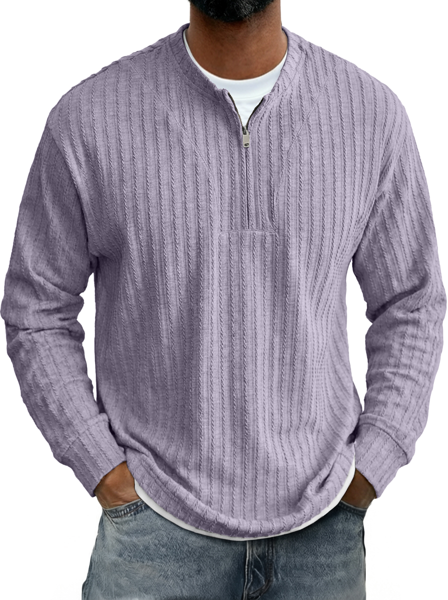 Men's Casual Striped Jacquard Zip-Up Crew Neck Long-Sleeve T-Shirt