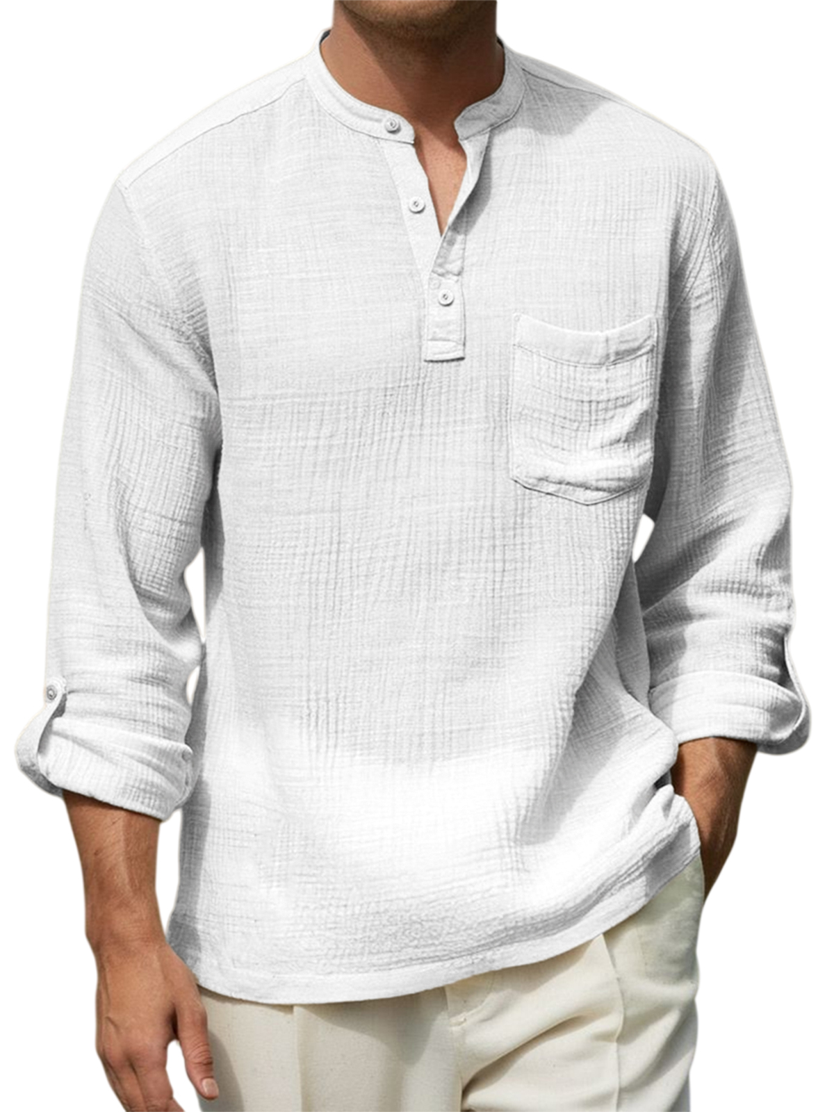 Men's Breathable Cotton-linen Wrinkled Henley Shirt with Pockets