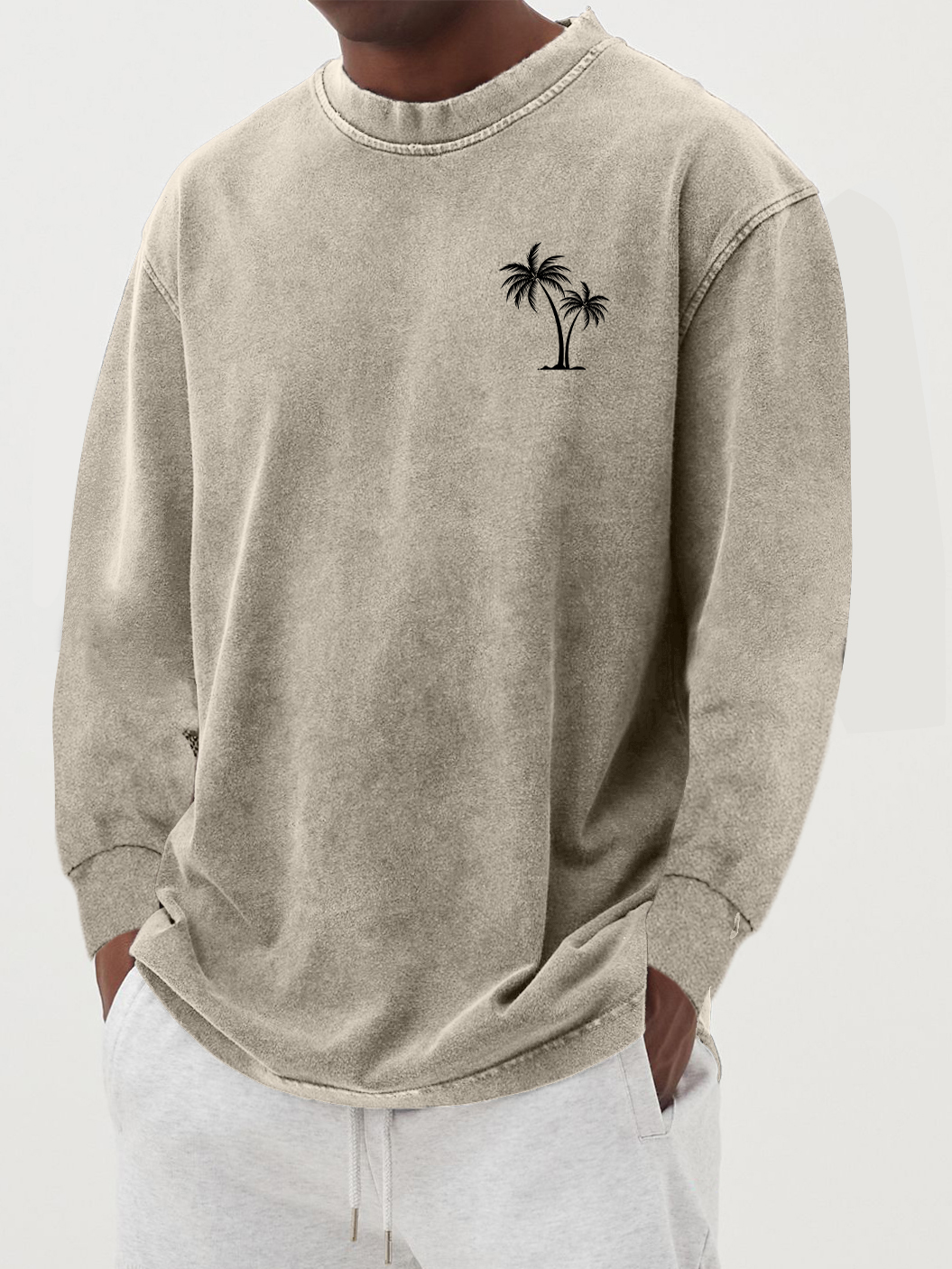 Men's Cotton Vintage Washed Distressed Palm Tree Long-sleeved T-shirt