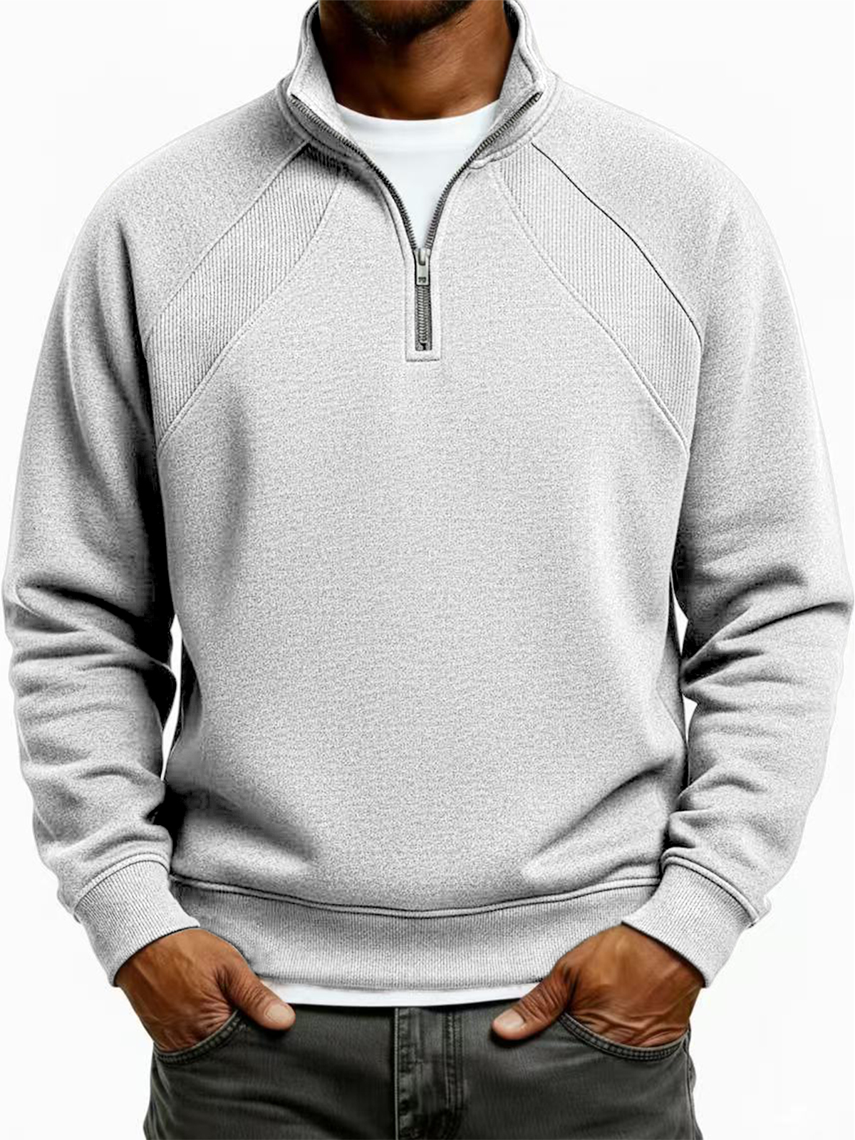 Men's Quarter-Zip Ribbed Raglan Textured Deconstructed Pullover Sweatshirt