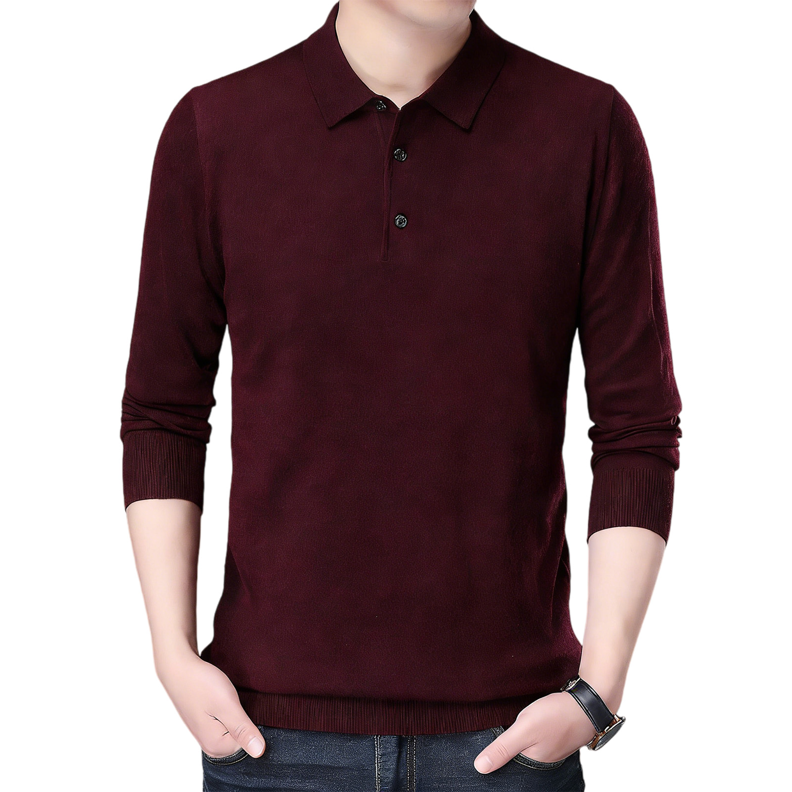 Men's wool knit polo shirt for spring and autumn (containing mulberry silk)