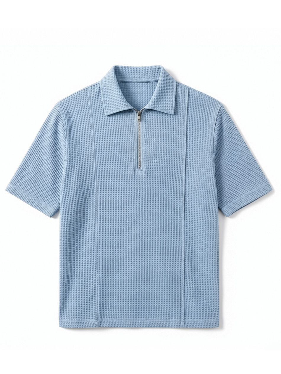 Men's Waffle-Knit Polo Shirt with Zippered Deconstructed Design