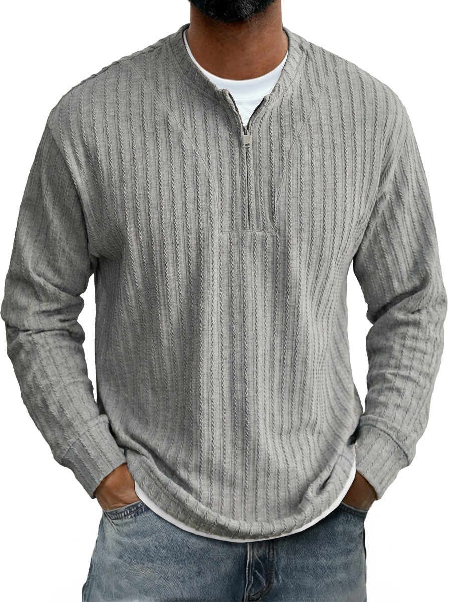 Men's Casual Striped Jacquard Zip-Up Crew Neck Long-Sleeve T-Shirt