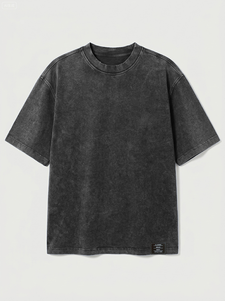 100% Cotton Vintage Casual Washed & Distressed Embroidered Logo Crew Neck Short-Sleeve T-Shirt