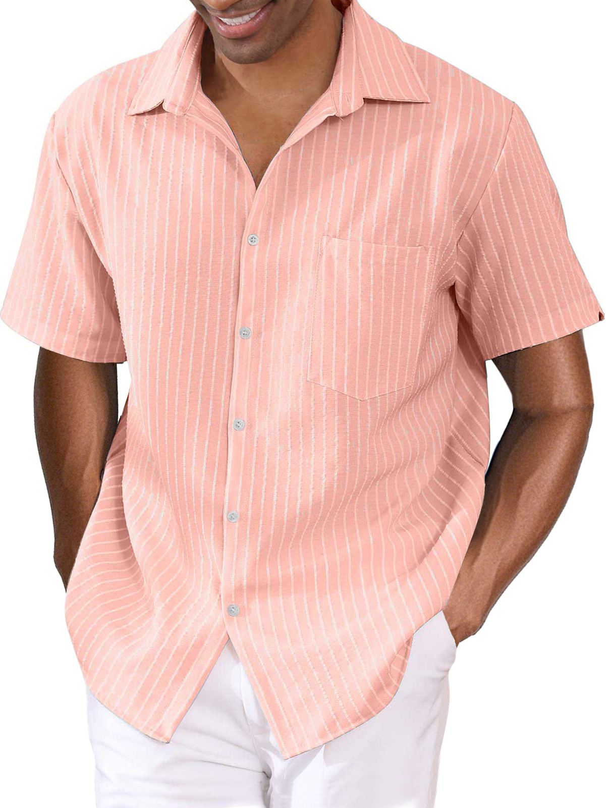 Men's Striped Cotton Linen Pocket Hawaiian Casual Short Sleeve Shirt