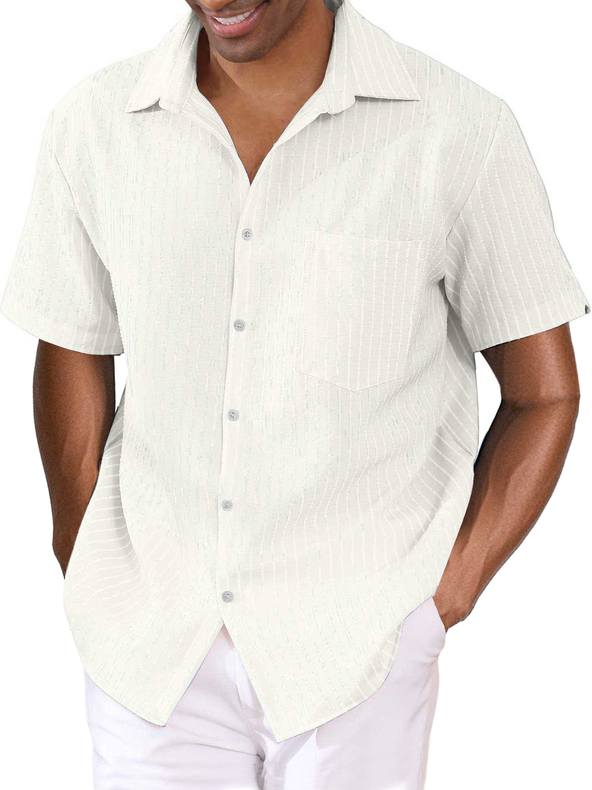 Men's Striped Cotton Linen Pocket Hawaiian Casual Short Sleeve Shirt