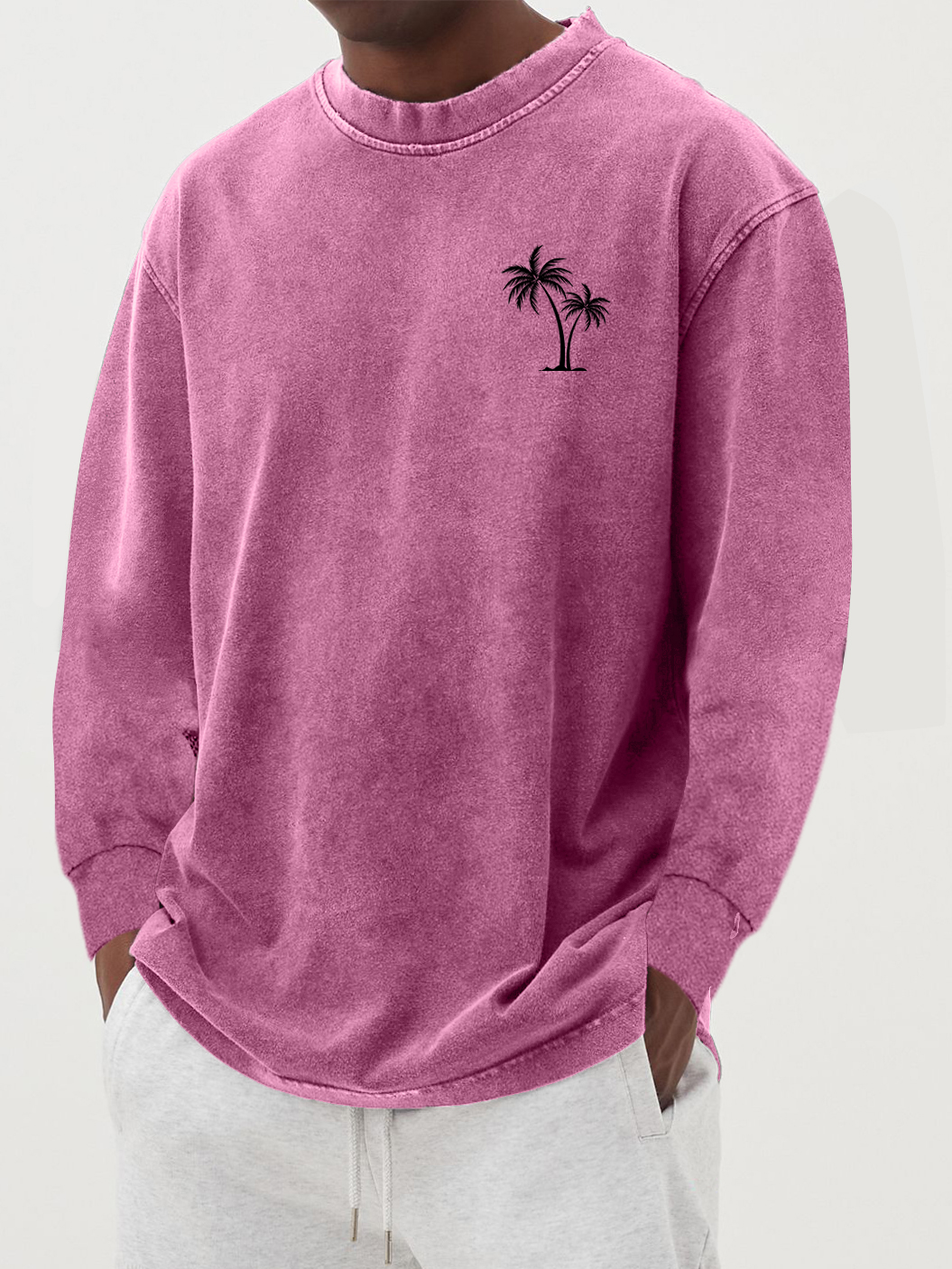 Men's Cotton Vintage Washed Distressed Palm Tree Long-sleeved T-shirt