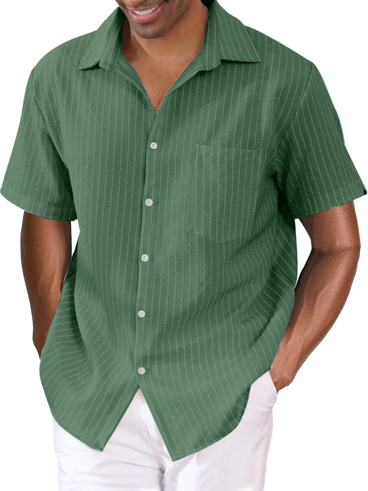 Men's Striped Cotton Linen Pocket Hawaiian Casual Short Sleeve Shirt