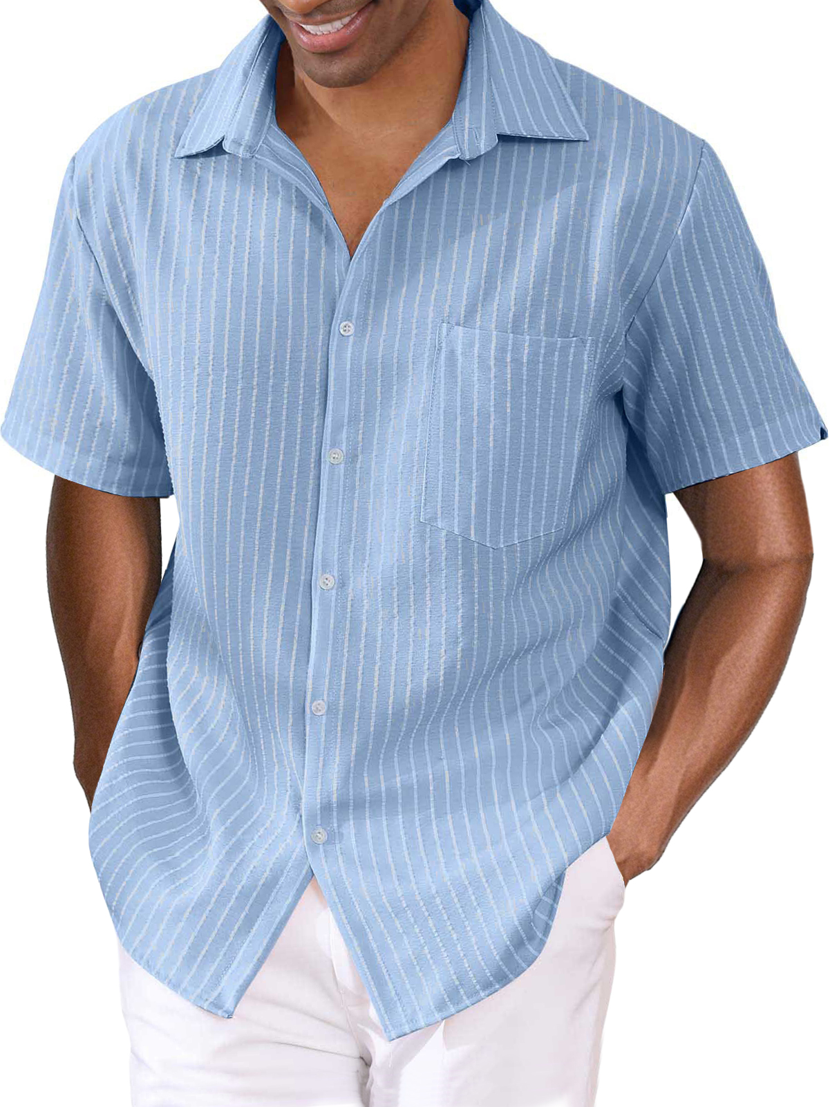 Men's Striped Cotton Linen Pocket Hawaiian Casual Short Sleeve Shirt