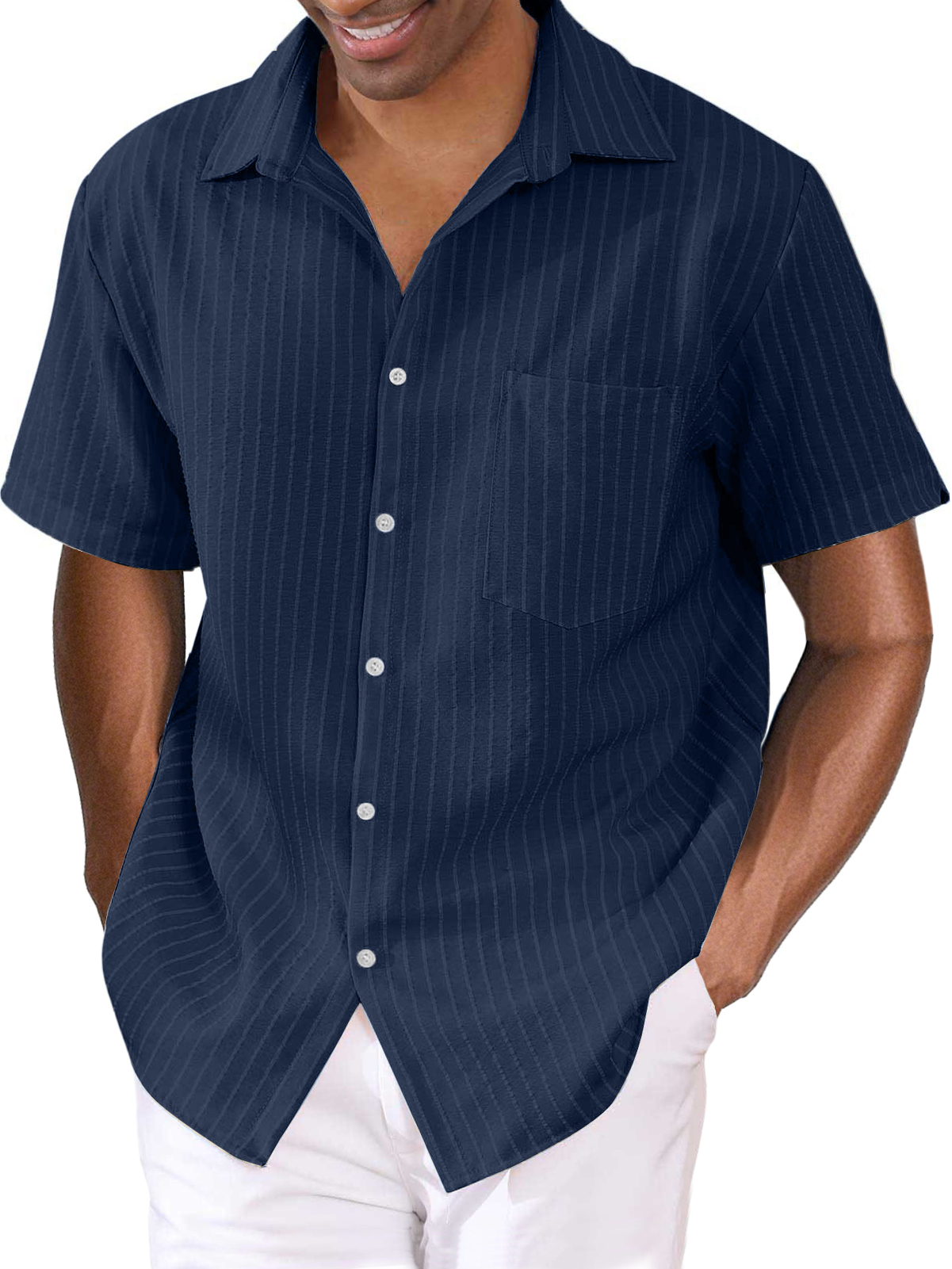 Men's Striped Cotton Linen Pocket Hawaiian Casual Short Sleeve Shirt