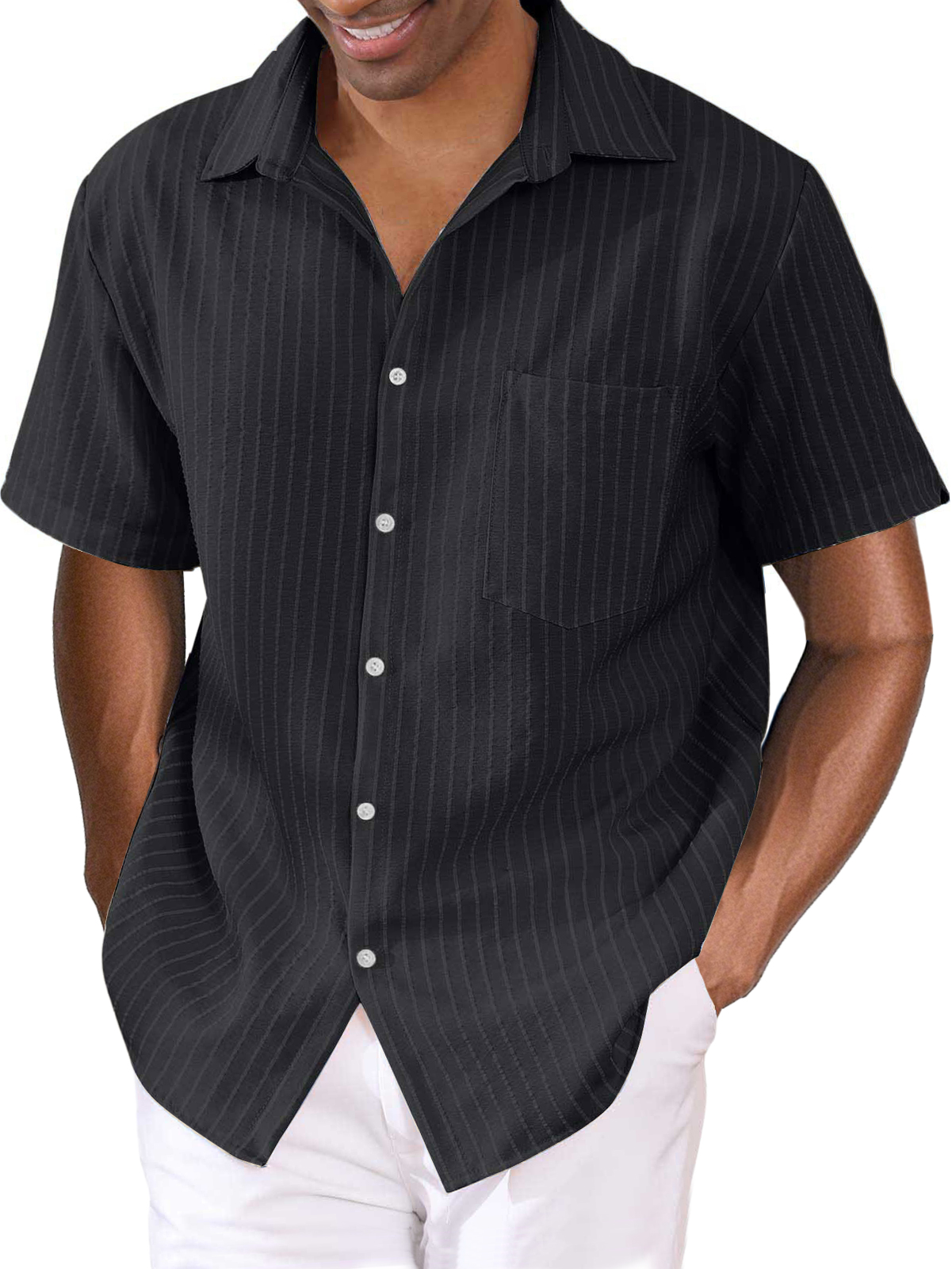 Men's Striped Cotton Linen Pocket Hawaiian Casual Short Sleeve Shirt