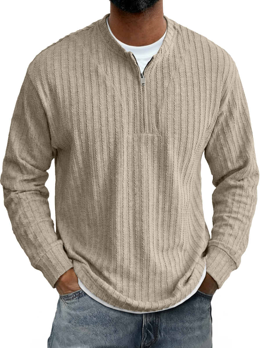 Men's Casual Striped Jacquard Zip-Up Crew Neck Long-Sleeve T-Shirt