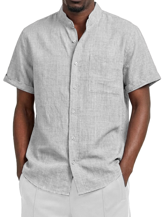 Men's Linen Casual Stand Collar Pocket Short-Sleeve Shirt
