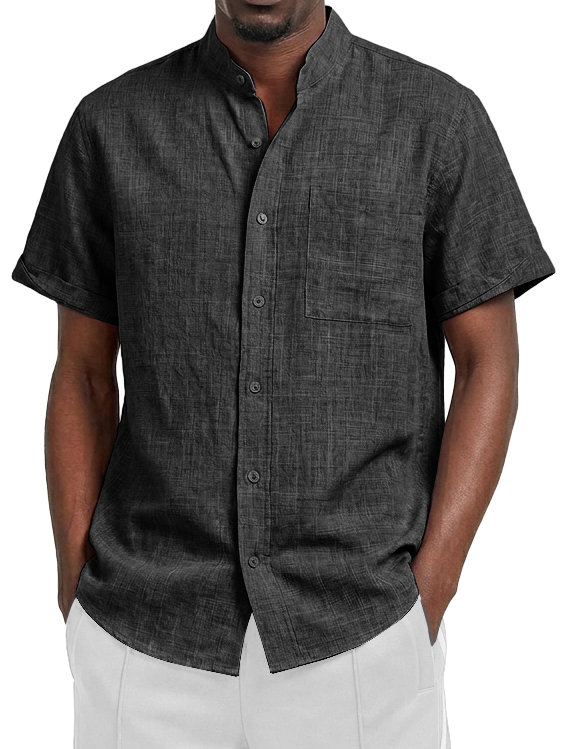 Men's Linen Casual Stand Collar Pocket Short-Sleeve Shirt