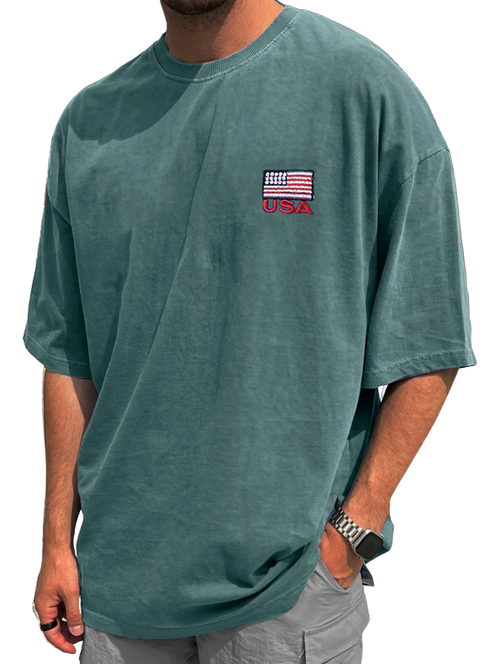 Men's Vintage Washed & Distressed Crew-Neck T-Shirt with "USA" Print