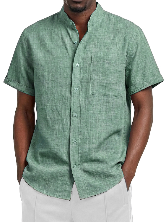 Men's Linen Casual Stand Collar Pocket Short-Sleeve Shirt