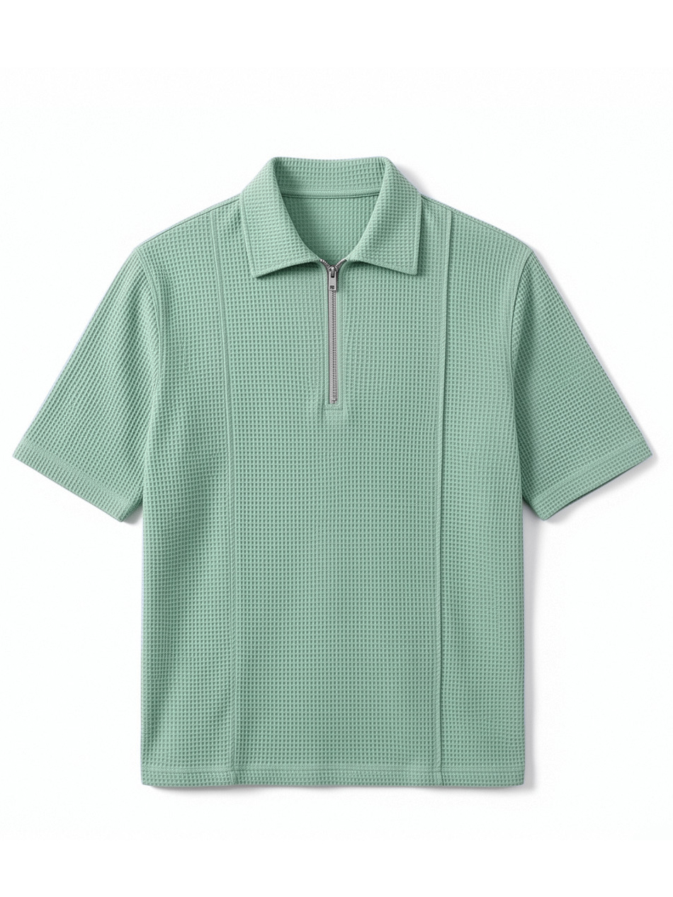 Men's Waffle-Knit Polo Shirt with Zippered Deconstructed Design