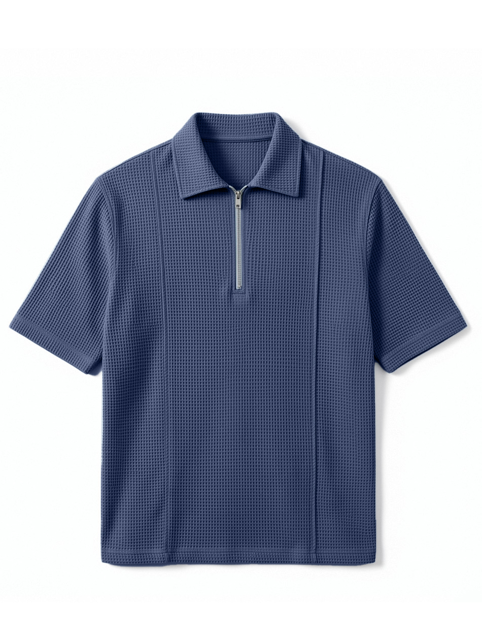 Men's Waffle-Knit Polo Shirt with Zippered Deconstructed Design