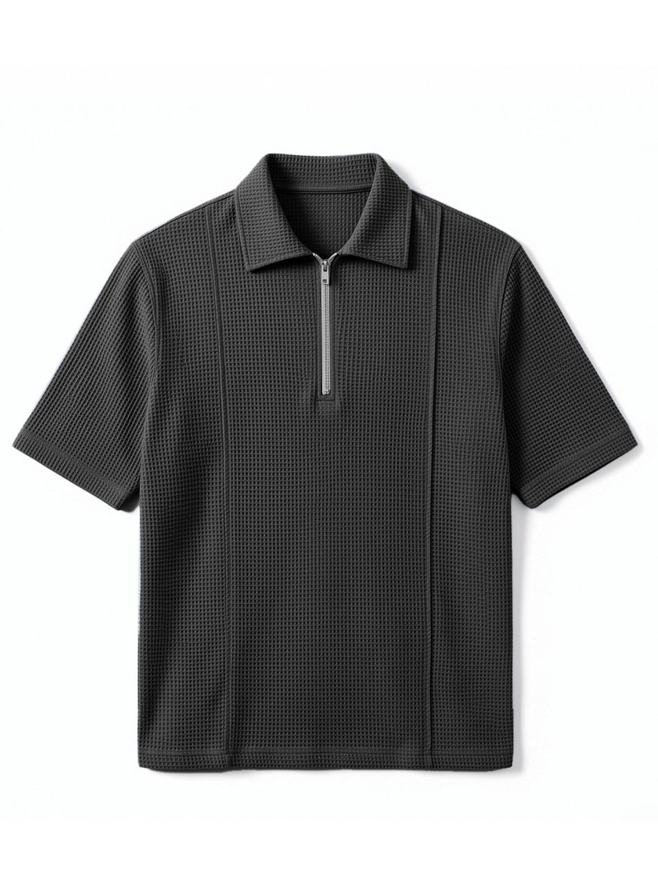Men's Waffle-Knit Polo Shirt with Zippered Deconstructed Design